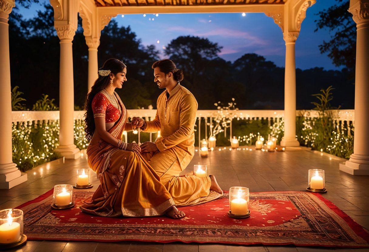 A serene scene depicting a couple sharing a blissful moment under a starry sky, adorned with traditional Indian motifs and vibrant floral decor. Elements of sensual wellness like aromatic candles, silk fabrics, and traditional Indian art can be seen in the background. The couple is engaged in a joyful dance, symbolizing intimacy and connection, surrounded by lush greenery and soft glowing lights. Ethereal and romantic atmosphere with a warm color palette. super-realistic. vibrant colors. dreamy background.