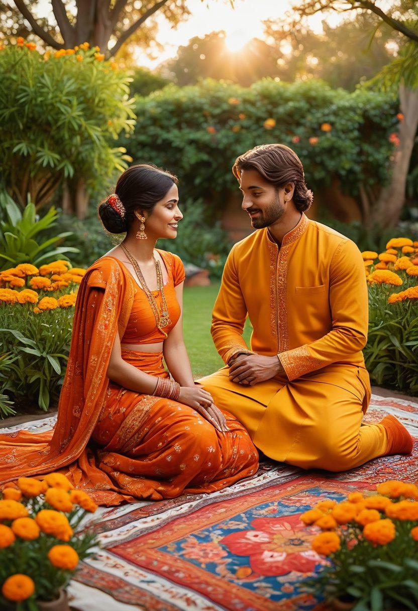 A beautiful fusion of traditional Indian elements and modern intimacy, featuring a couple enjoying a sunset together in a lush garden adorned with marigold flowers. Incorporate intricate Indian textiles and pottery in the background, symbolizing cultural heritage, while the couple showcases affection through tender gestures. Warm sunset hues blend with vibrant colors of nature, creating a serene atmosphere. super-realistic. vibrant colors. 3D.